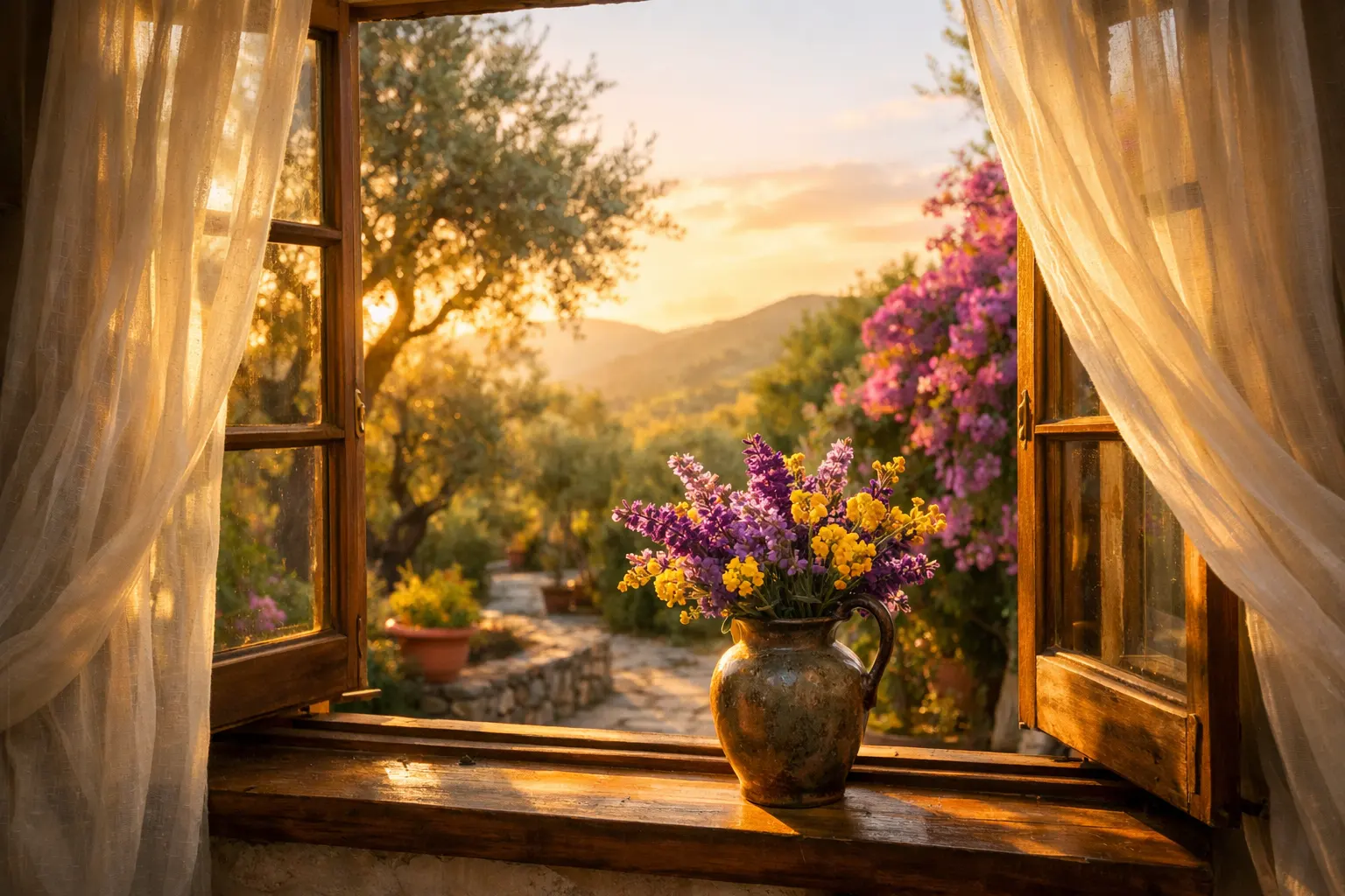 מבט מחלון פתוח אל גינה ים-תיכונית ירוקה עם אור חמים של תקווה