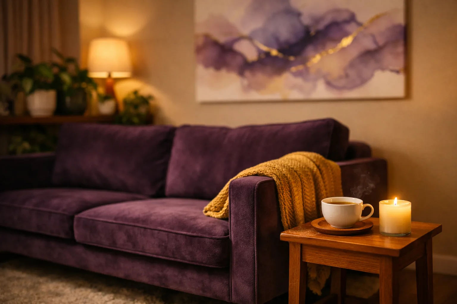 חדר טיפול רגשי חמים עם ספה נוחה, שמיכת סריגה סגולה וצמחים ירוקים