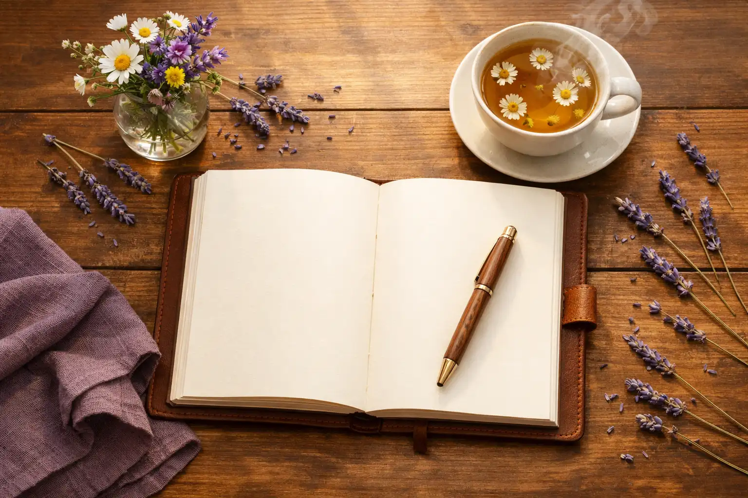 יומן טיפולי פתוח ליד כוס תה עם פרחים יבשים על שולחן עץ