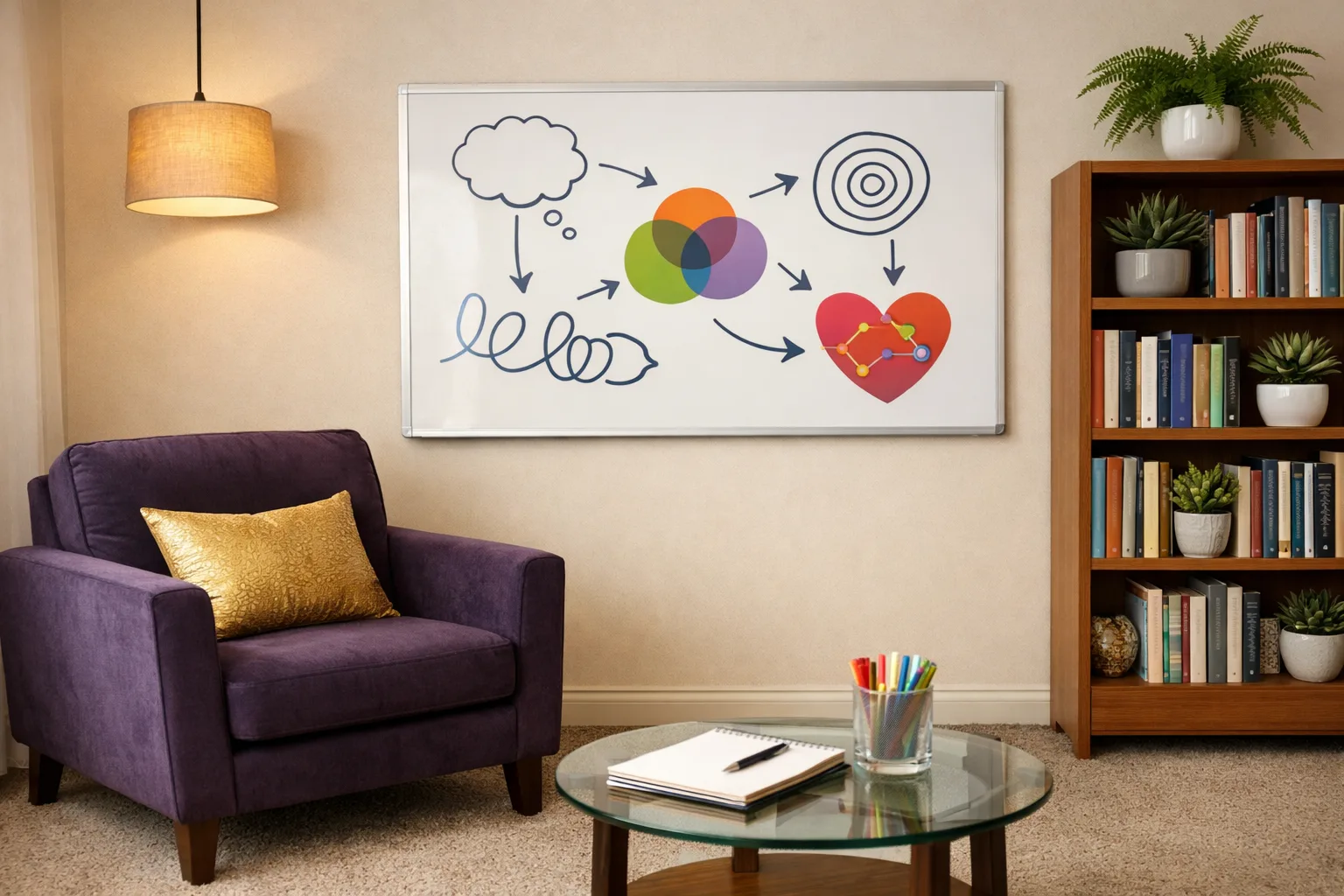 כמה עולה טיפול CBT? מדריך מחירים מקיף 2026 1 חדר טיפול CBT מקצועי עם כורסה נוחה, לוח לבן ומדפי ספרים