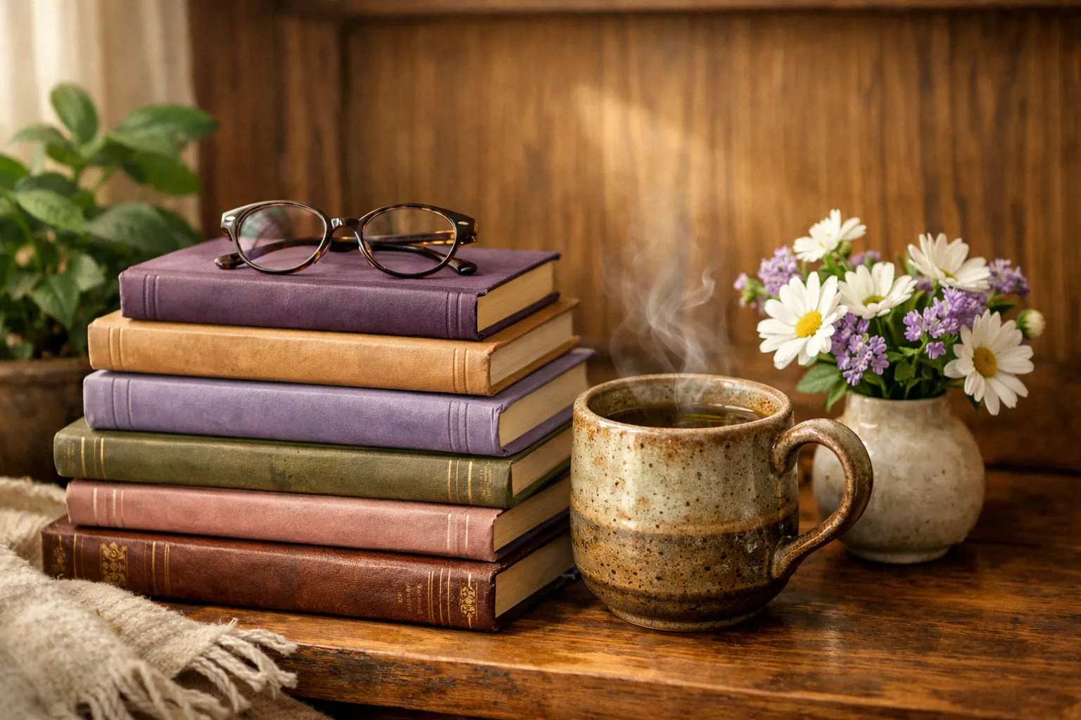 ספרי טיפול רגשי ושיטות טיפוליות מסודרים ליד כוס תה חמה