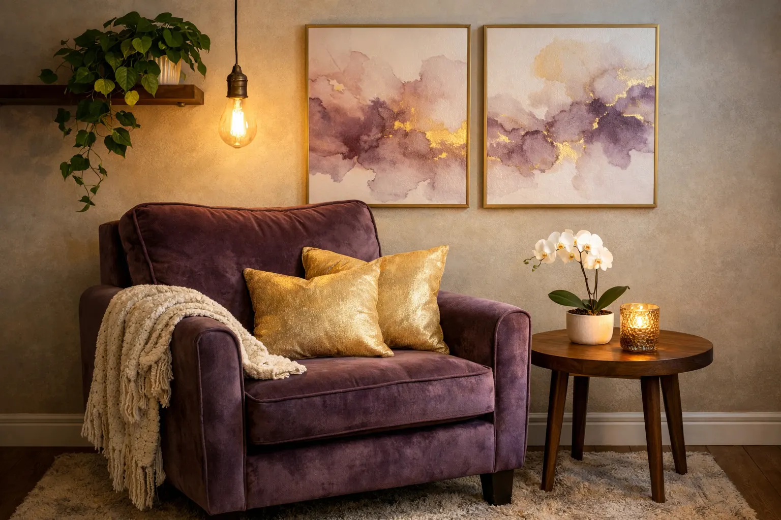 פינת טיפול רגשי מזמינה עם כורסה סגולה, כריות רכות ואור חמים