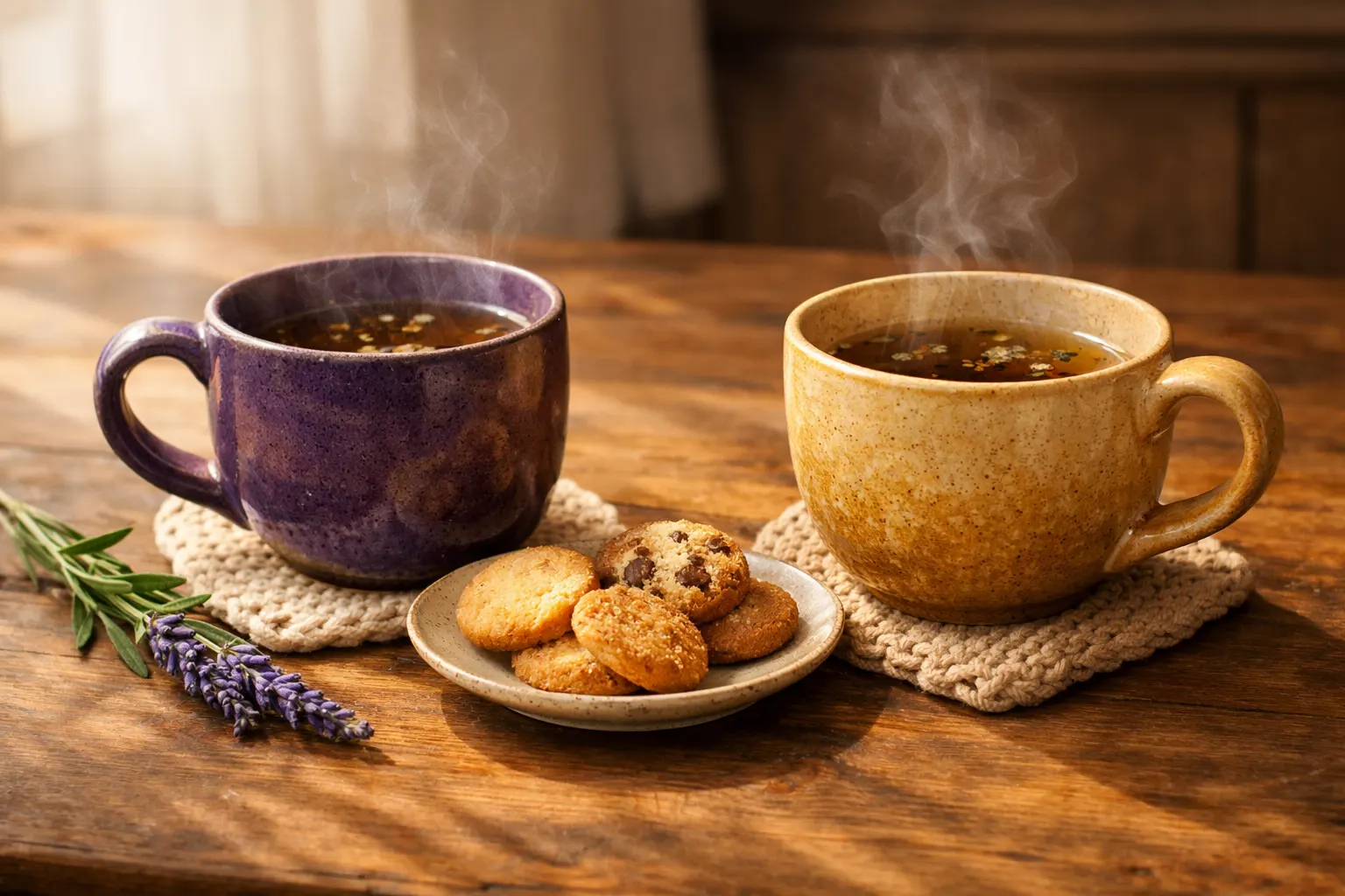 שני כוסות תה זו לצד זו על שולחן עץ מסמלות קשר טיפולי