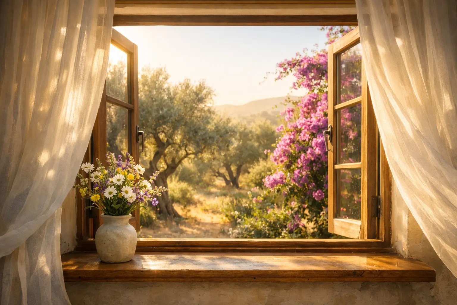 חלון פתוח המשקיף על גינה ים-תיכונית ירוקה עם אור בוקר חם של תקווה