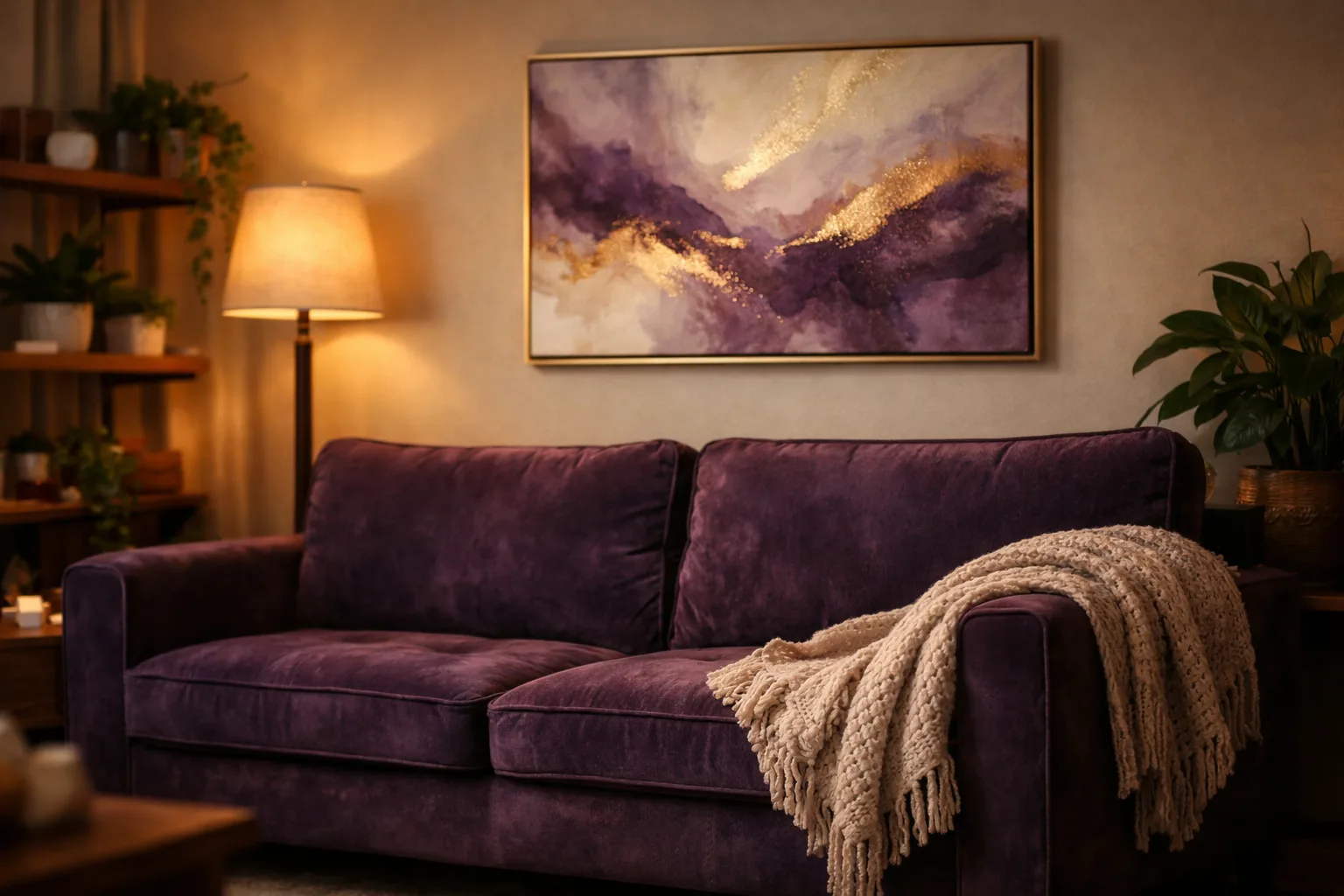 חדר טיפול רגשי חמים ומזמין עם ספת קטיפה סגולה, עציצים ירוקים ותאורה רכה