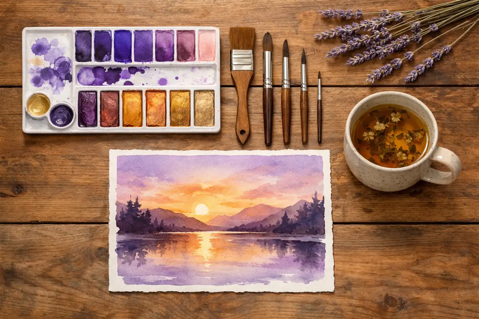 שולחן עבודה לטיפול באומנות עם צבעי מים, מכחולים וציור שקיעה מרגיע