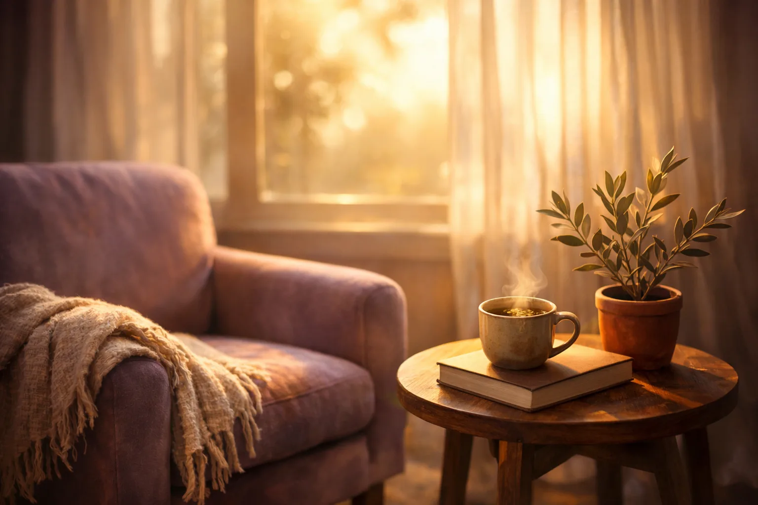 טיפול בדיכאון, האור שחוזר דרך חלון לחדר מרגיע עם ספה חמה